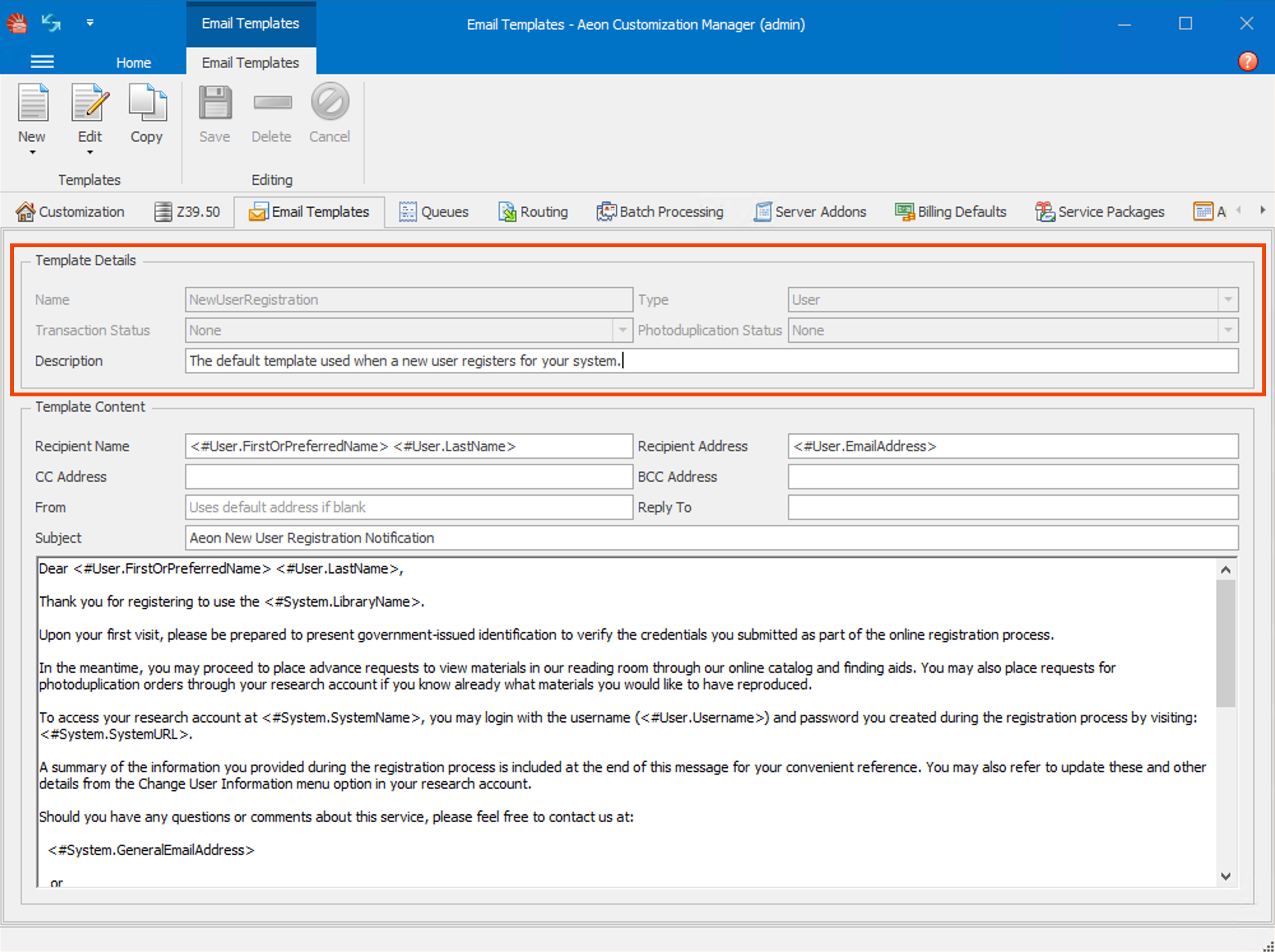 NewUserRegistration template in the Aeon Customization Manager